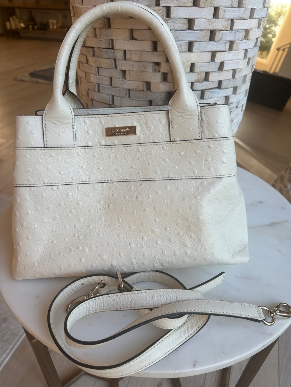 kate spade Cream Ostrich-Embossed Leather Satchel with Removable Strap - Picture 11 of 11